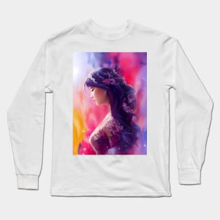 Abstract Paint Splash Smear Young Woman Colorful Floral Long Sleeve T-Shirt